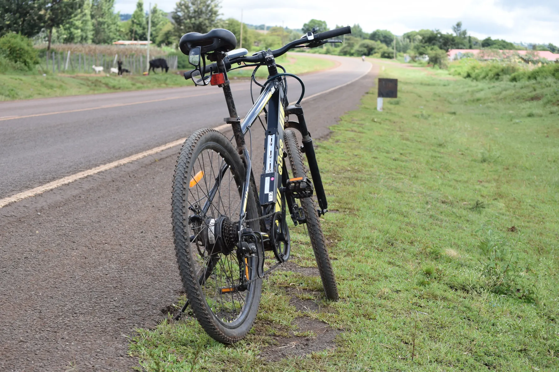 A bicycle parked on the grass beside a country road