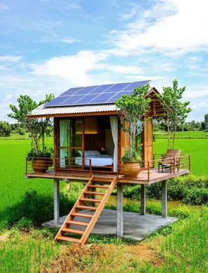 Concept image: a small solar-powered wooden cabin raised on stilts in green fields